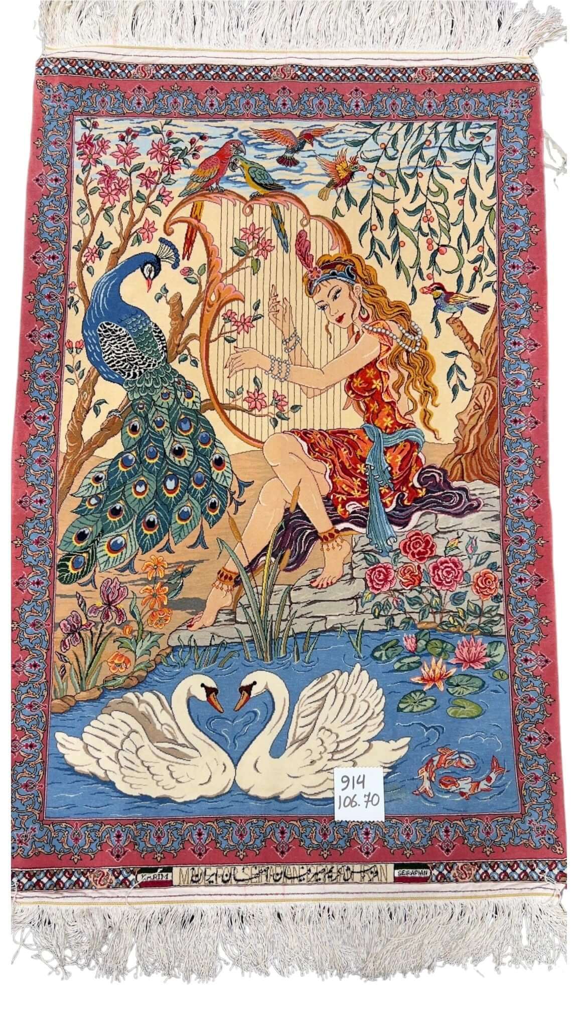 Elegant Isfahan rug with a harp-playing maiden, crafted by Master Karim Seirafian.